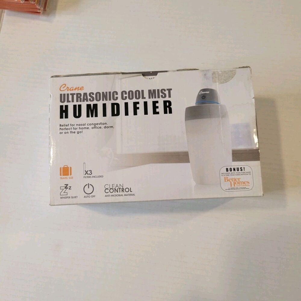 Crane Cool Mist Travel Humidifier 8 oz with 3 Filters Included White